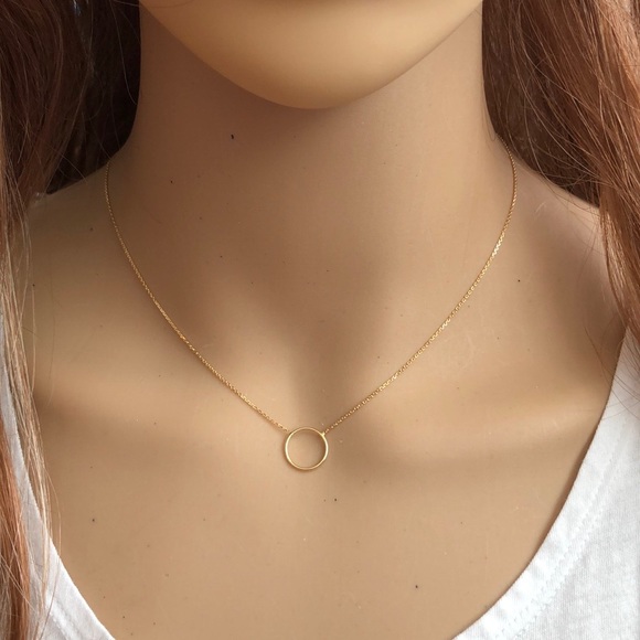 14K Solid Gold Wire Circle Dainty Necklace